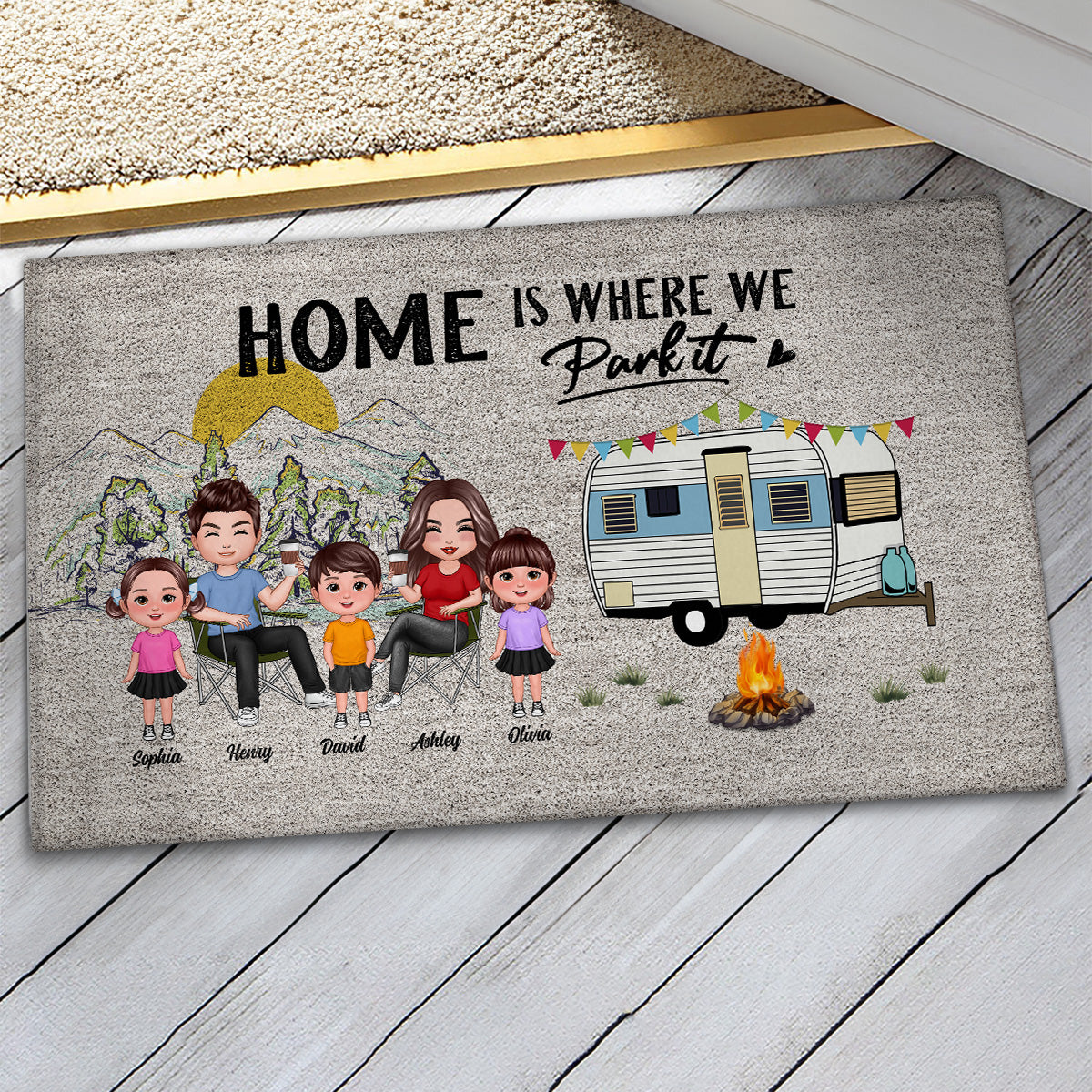 Home Is Where We Park It Doll Family Camping Personalized Doormat