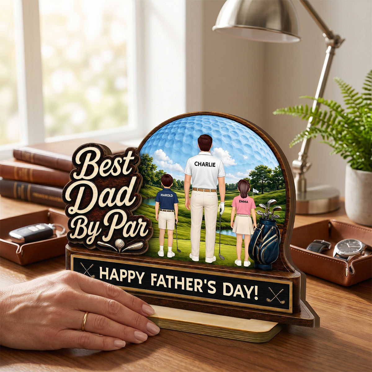 Best Dad By Par Custom Man & Kids Back View - Personalized 2-Layered Wooden Plaque - Father's Day Gift For Golf Dad