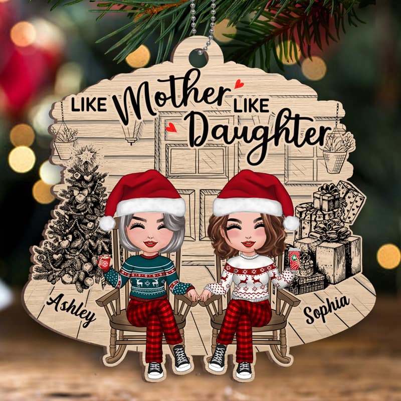 Mother Daughter Front Porch Christmas Personalized Wooden Ornament