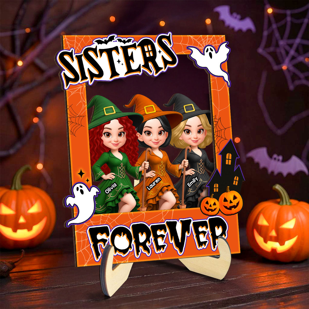 Besties Sisters Witch Photo Booth Frame Personalized 2-Layer Wooden Plaque