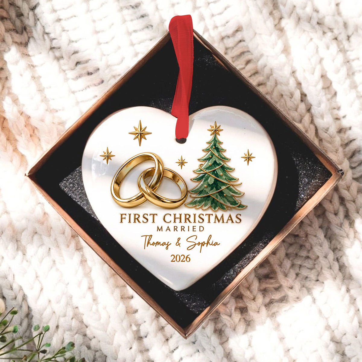 First Christmas Married Couple Names Wedding Rings - Personalized Ceramic Ornament - Newlywed Christmas Gift, Wedding Keepsake
