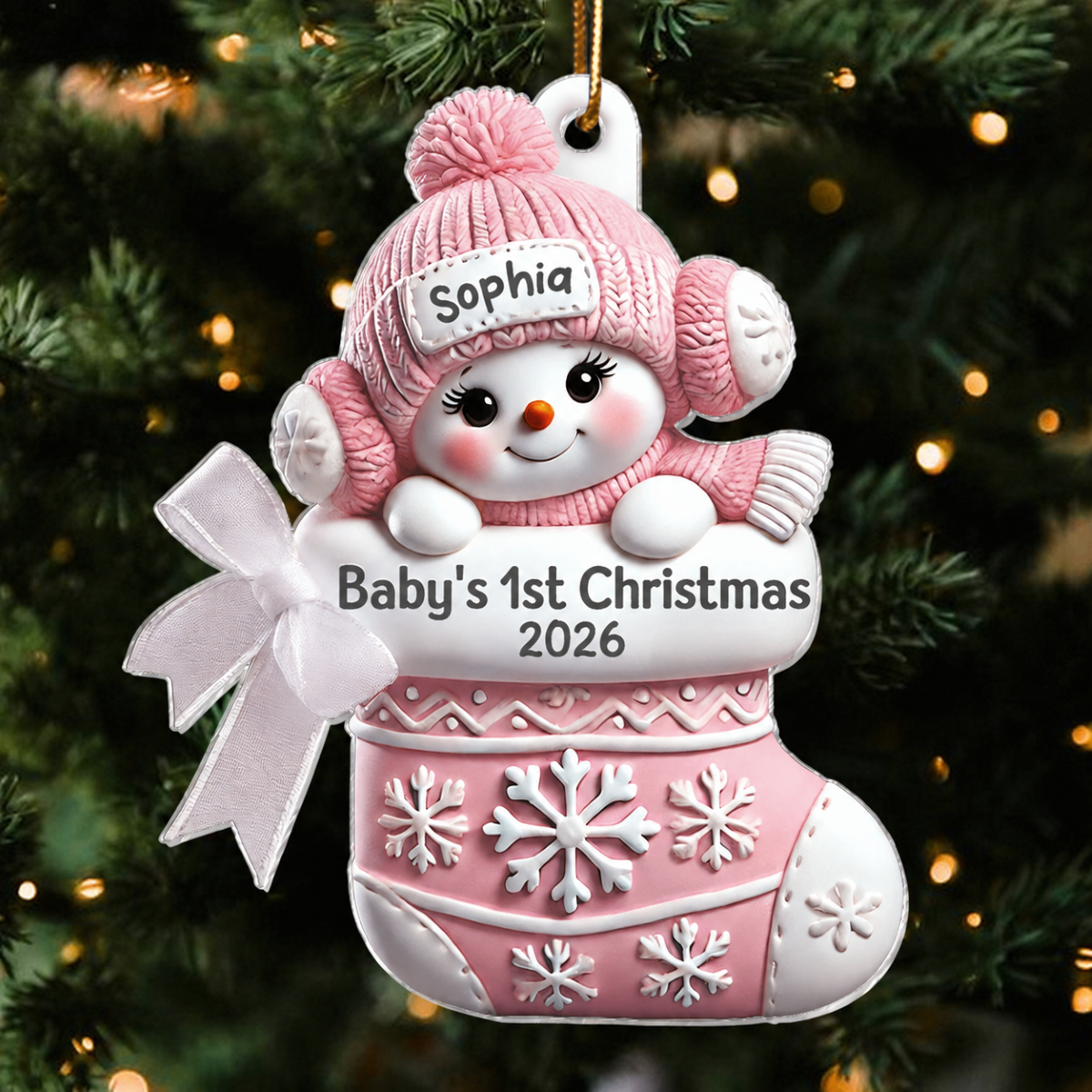 3D Effect Snowbaby On Stocking Baby's 1st Christmas Keepsake Personalized Acrylic Flat Ornament