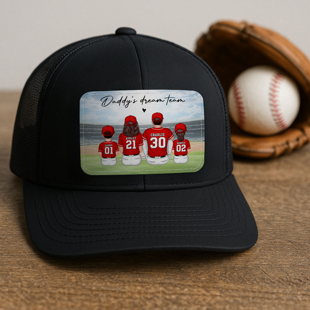 Baseball Daddy's Team Man & Kids Sitting Personalized Leather Patch Hat