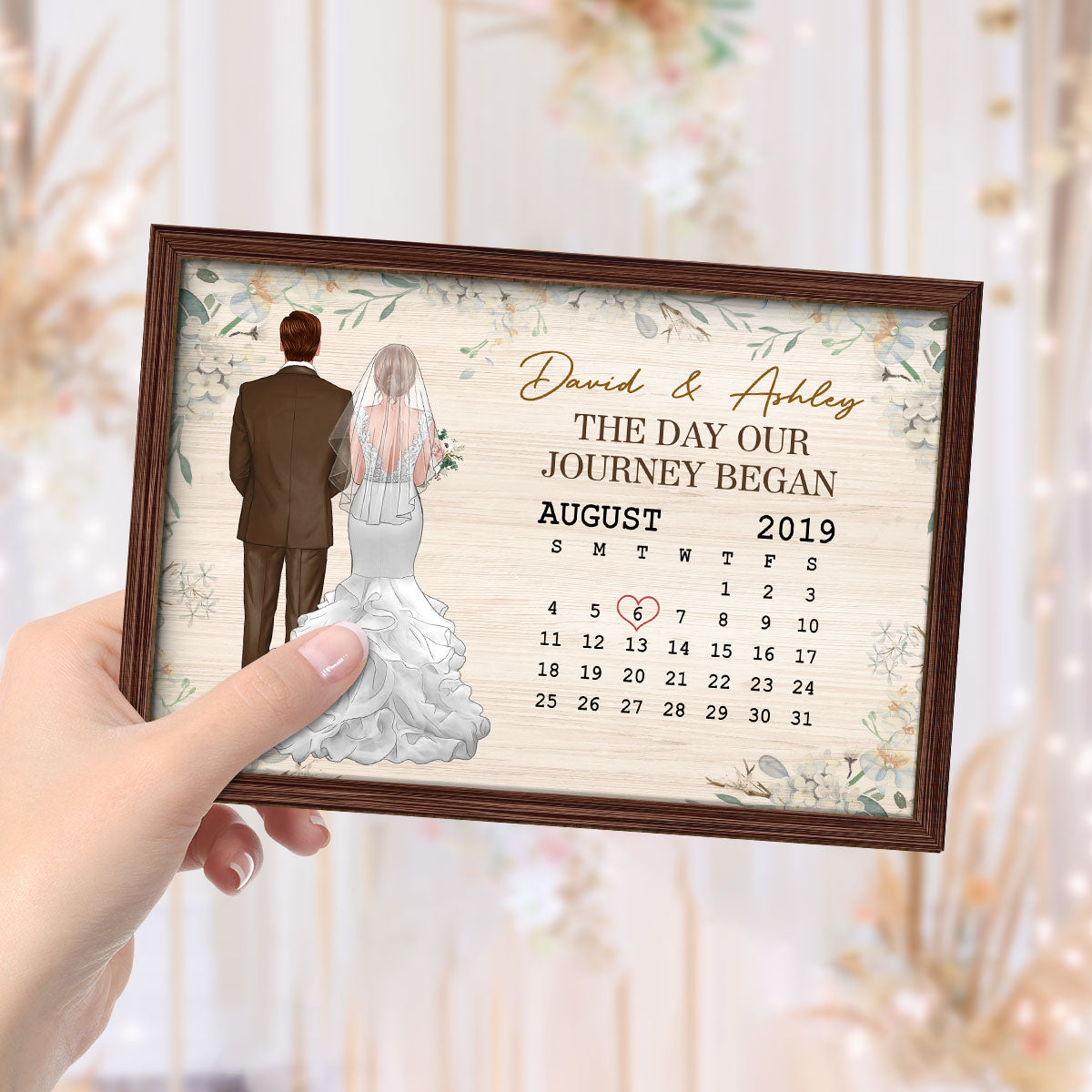Back View Couple Wedding Anniversary Date Calendar Personalized 2-Layer Wooden Plaque