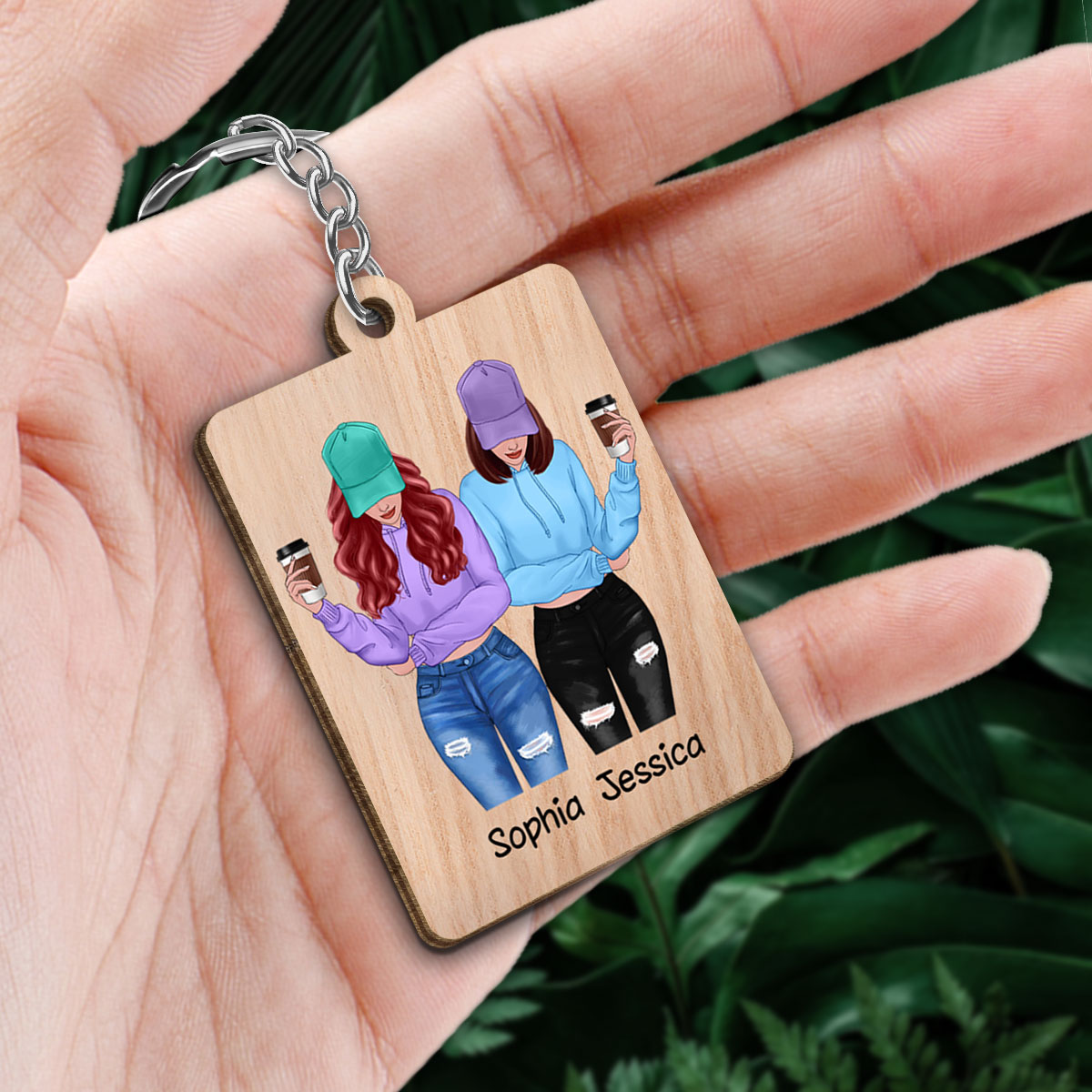 Front View Besties Gift For Best Friends Matching Personalized Wooden Keychain
