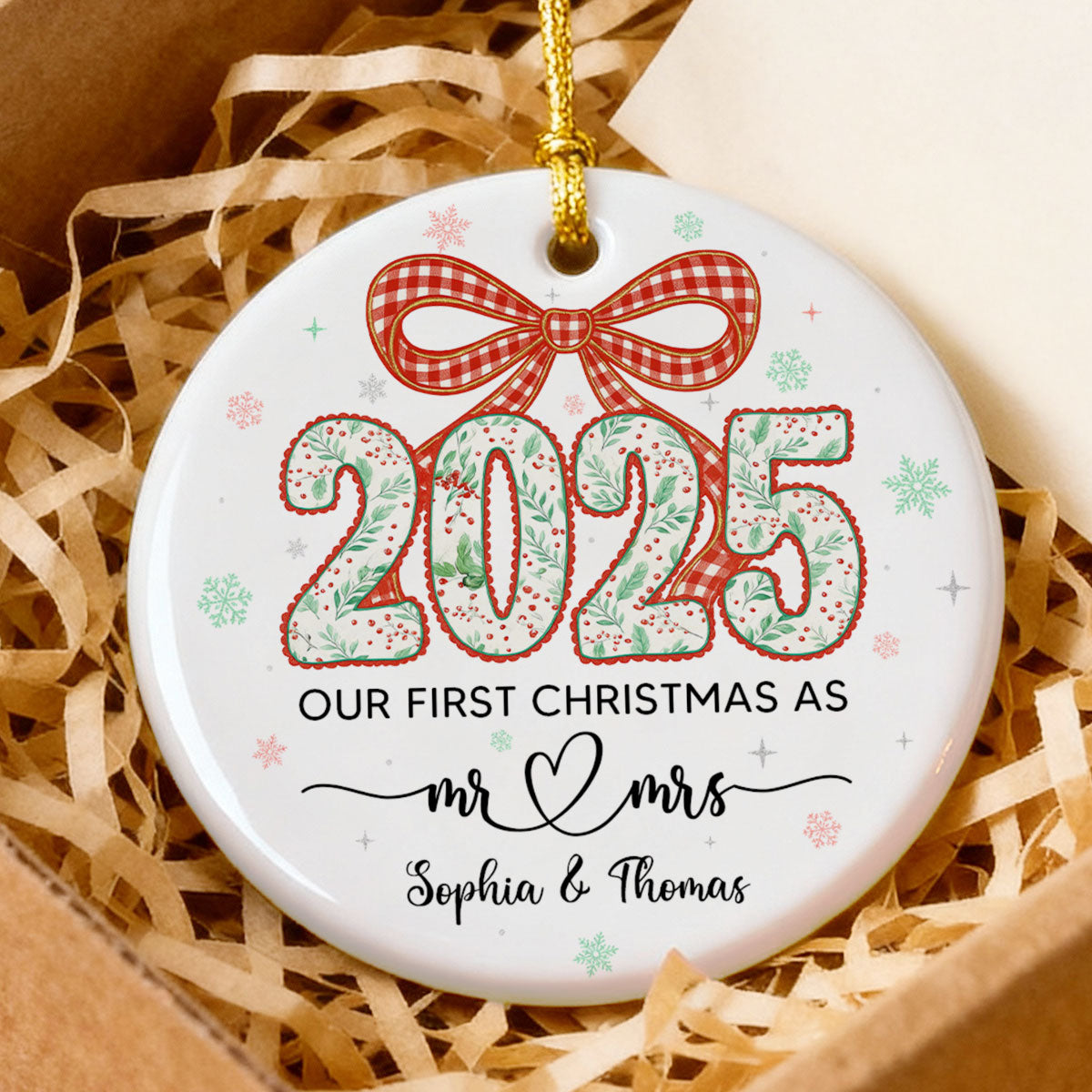 2025 First Christmas As Mr. & Mrs. Christmas Greenery Theme - Personalized Ceramic Ornament - Married, Engagement Gift for Couples