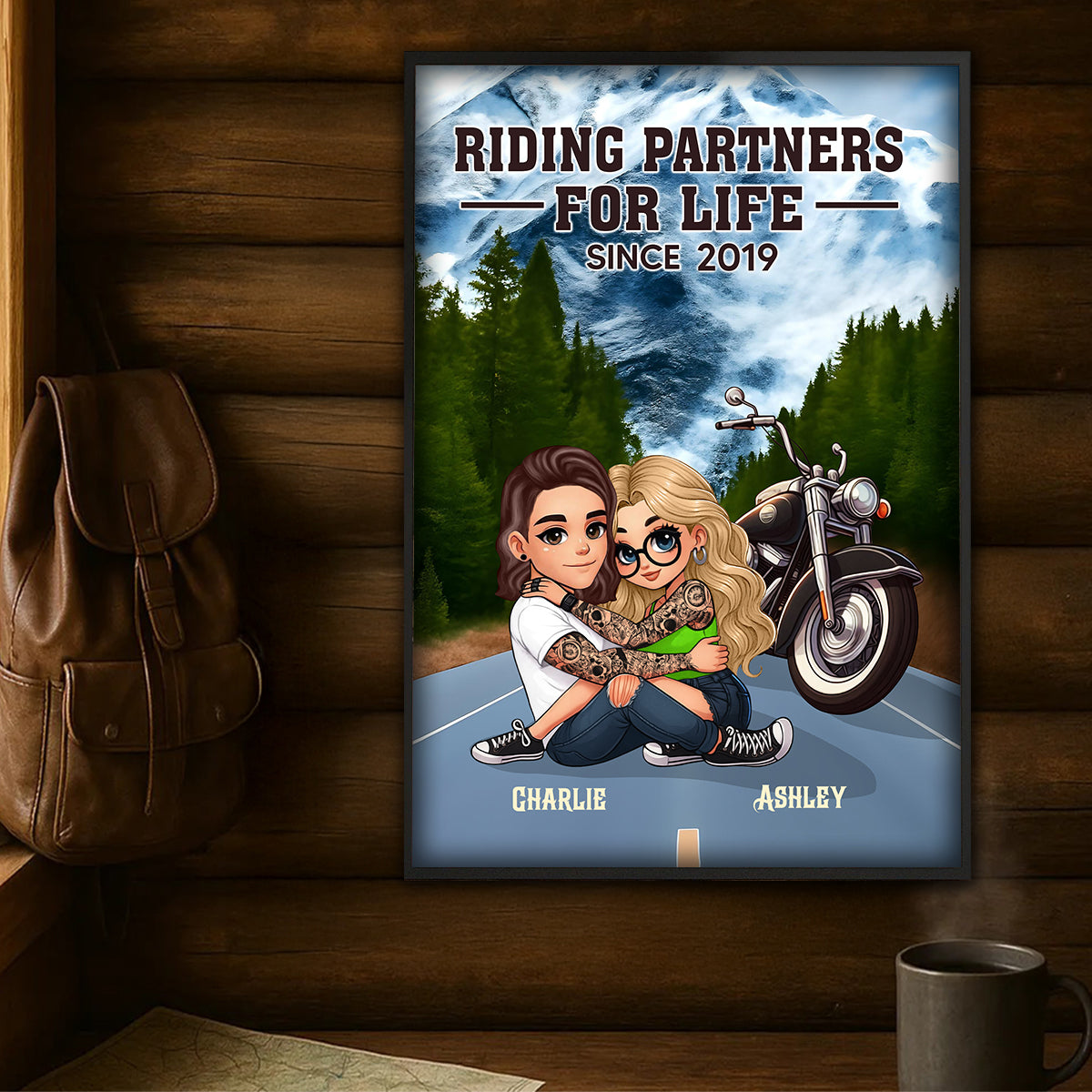 Bikers Couple Riding Partners for Life Personalized Poster, Gift for him, Gift for her