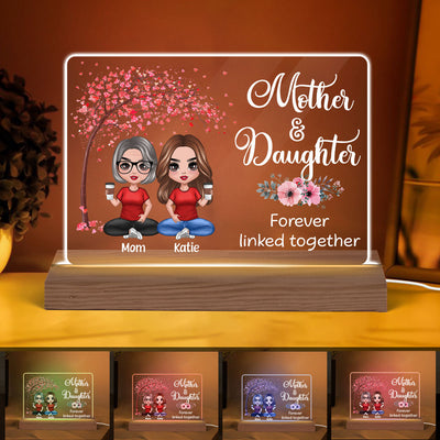 Doll Mom And Daughters Sitting Under Pink Tree Personalized Custom Shape Acrylic Plaque LED Night Light