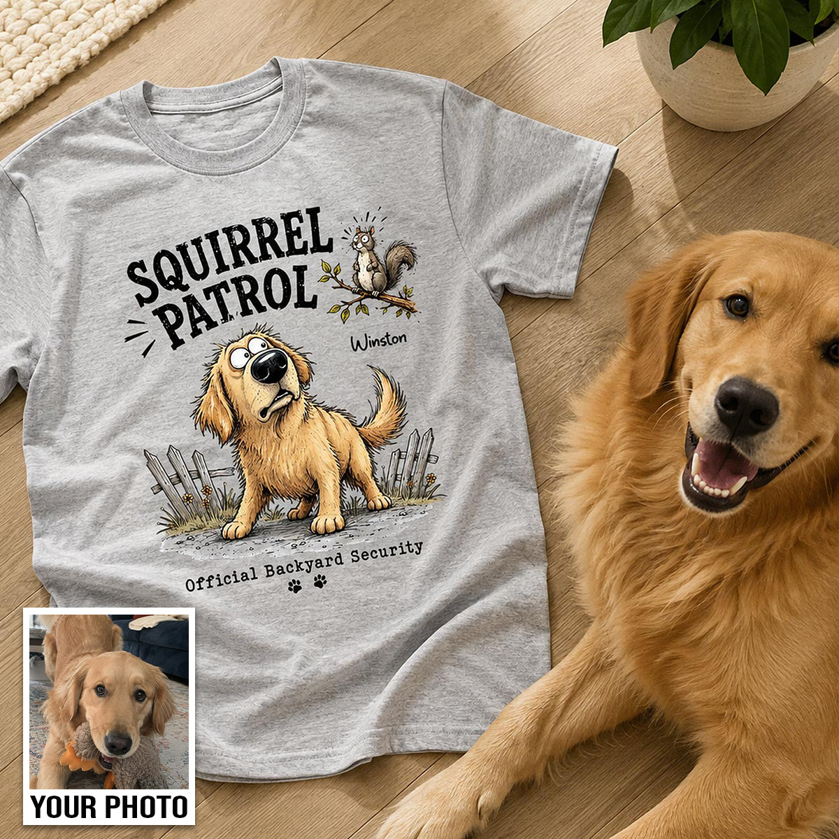 Squirrel Patrol Quirky Dog Portrait From Your Dog Photo - Personalized Shirt - Funny Gift For Dog Lover