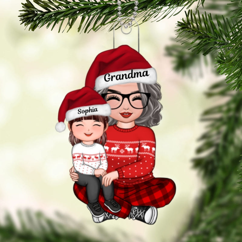 Happy Face Doll Grandkid Sitting On Grandma Lap Christmas Gift For Granddaughter Grandson Personalized Acrylic Ornament