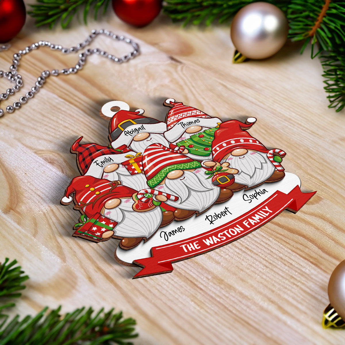 Christmas Gnome Family Personalized 2-Layer Wooden Ornament