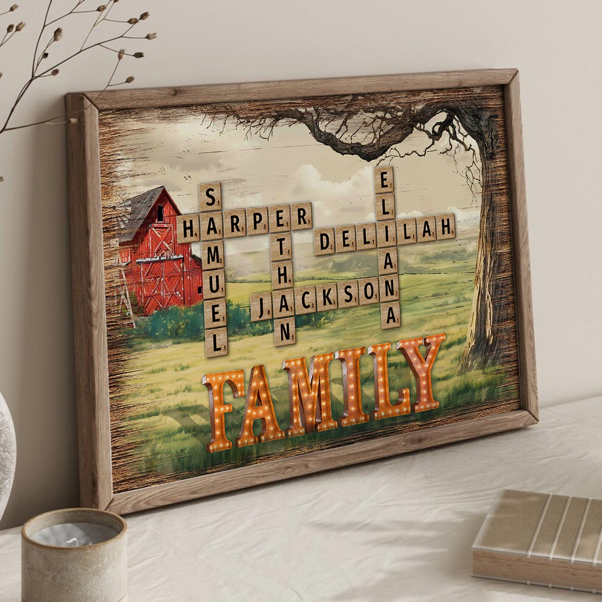 Family Farmhouse Tree Crossword Puzzle Art Personalized Poster, Gift For Mom, Dad, Husband, Wife