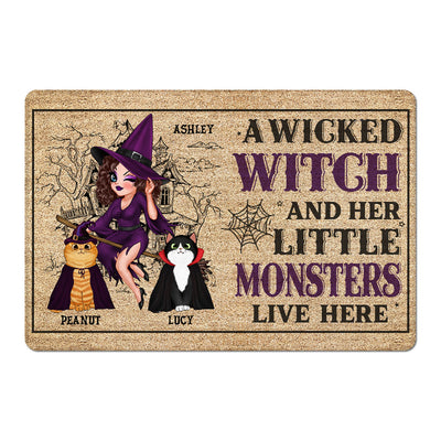 Doll Wicked Witch On Broom And Little Monsters Fluffy Cats Live Here Personalized Doormat