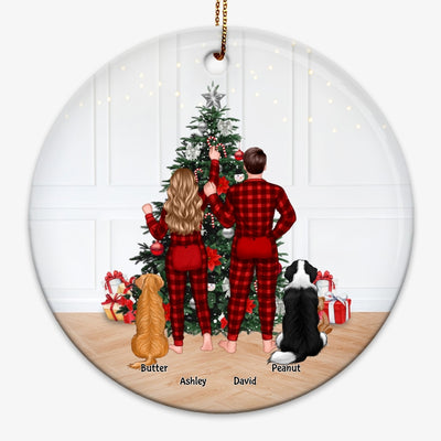 Couple Pajamas & Dogs Decorating Tree Personalized Circle Ornament