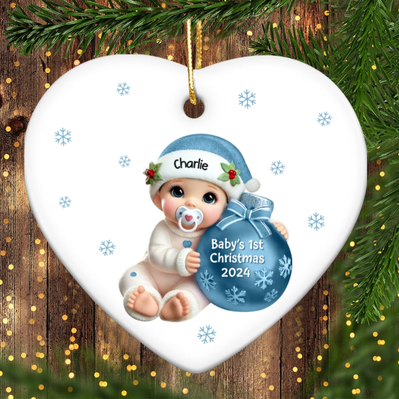 Baby Beside Christmas Bauble Baby's First Christmas Personalized Flat Heart Ceramic Ornament