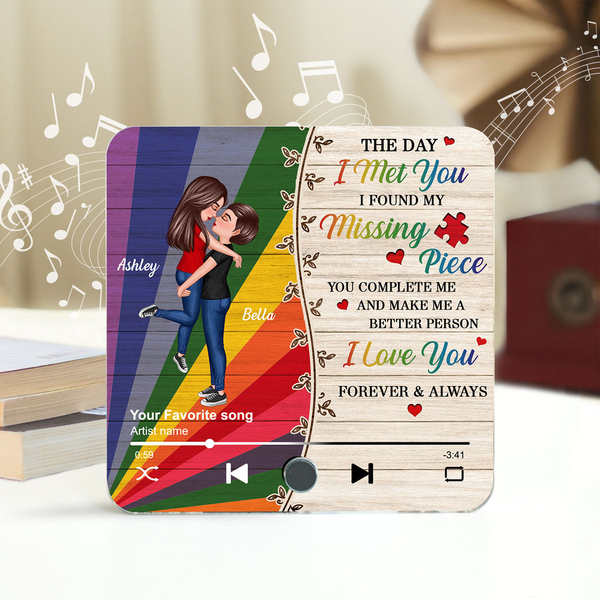 Colorful Wood Pallets The Day I Met You LGBTQ Couple Personalized Music Fridge Magnet, Pride Month Gift