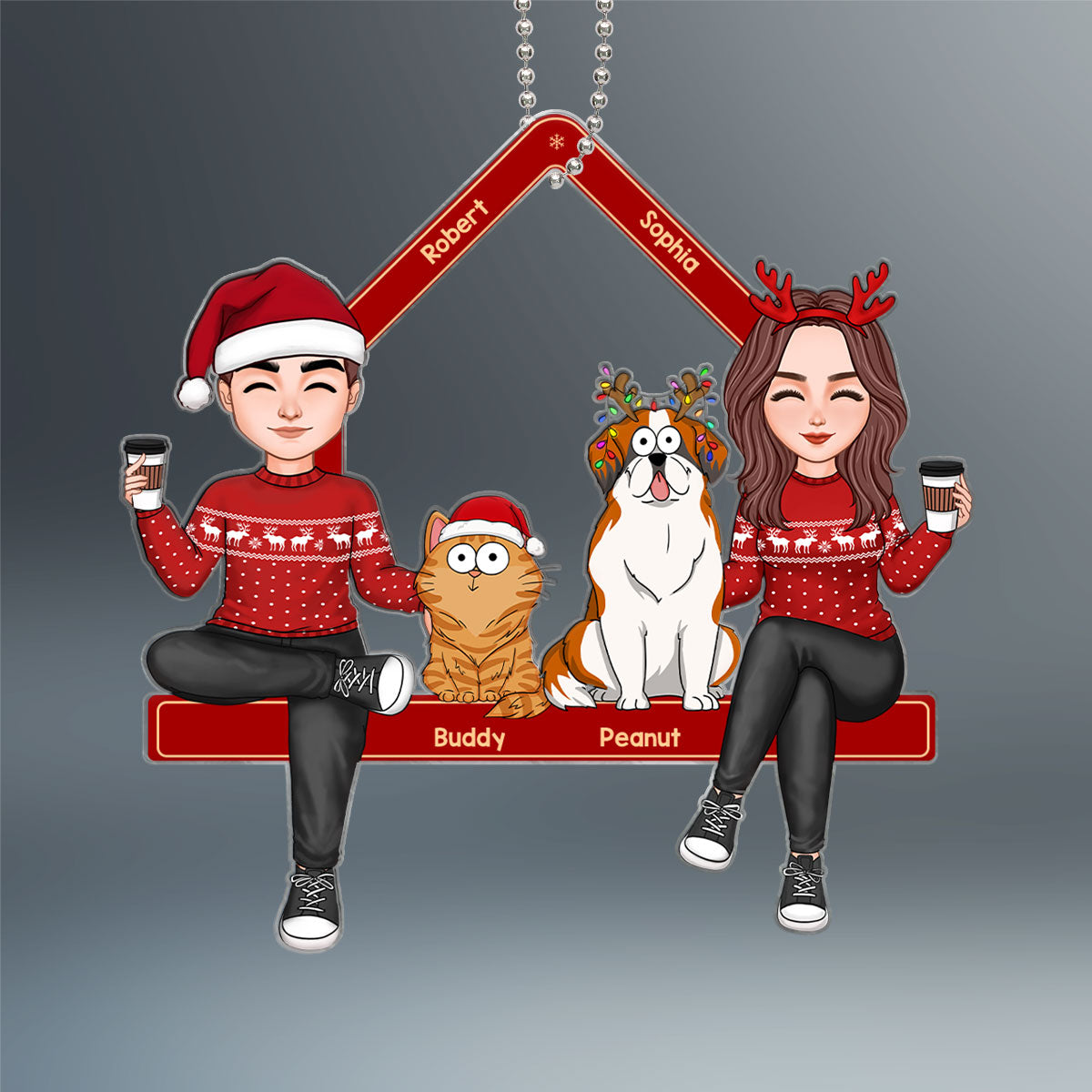 Cute Couple Sitting With Dogs Cats Personalized Acrylic Ornament