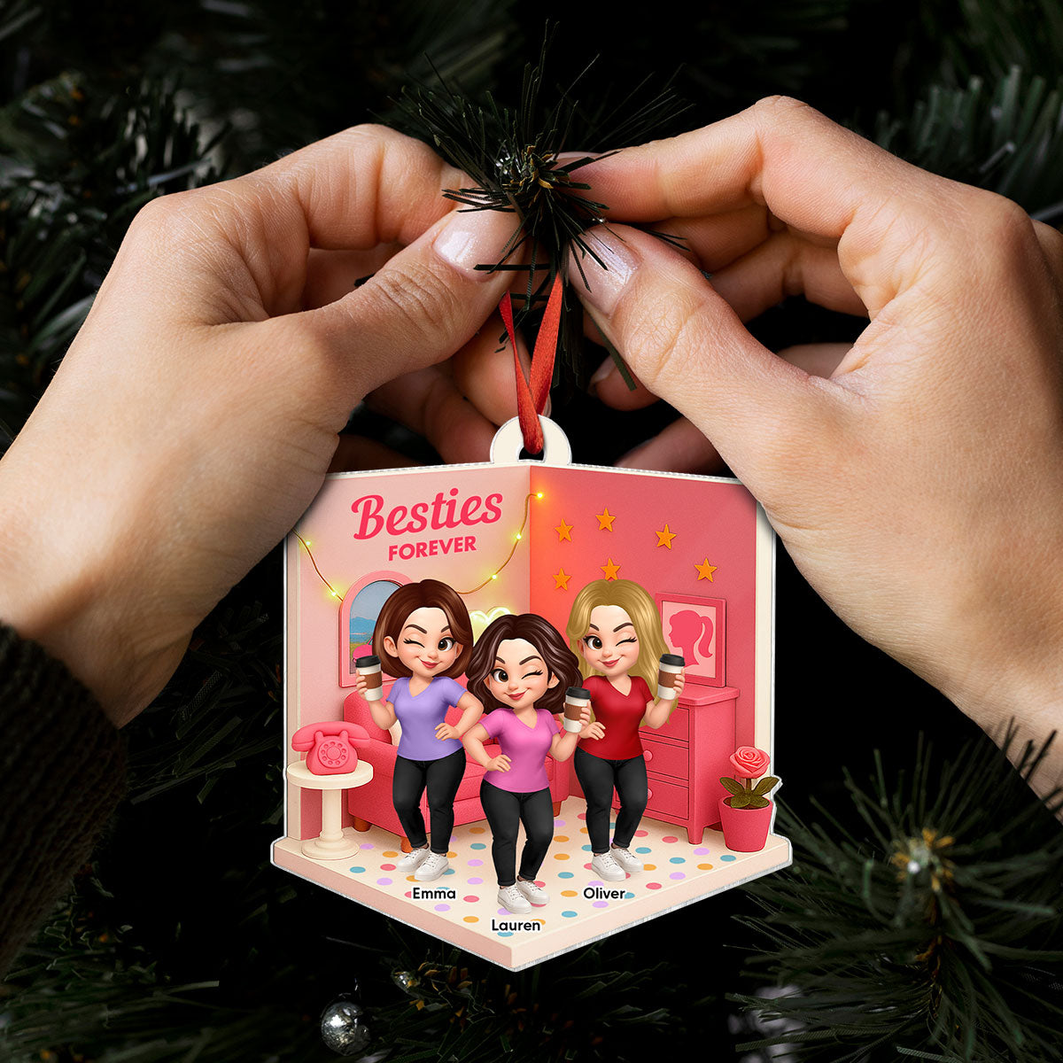 Pink Besties Sisters 3D Effect In House Personalized Acrylic Ornament