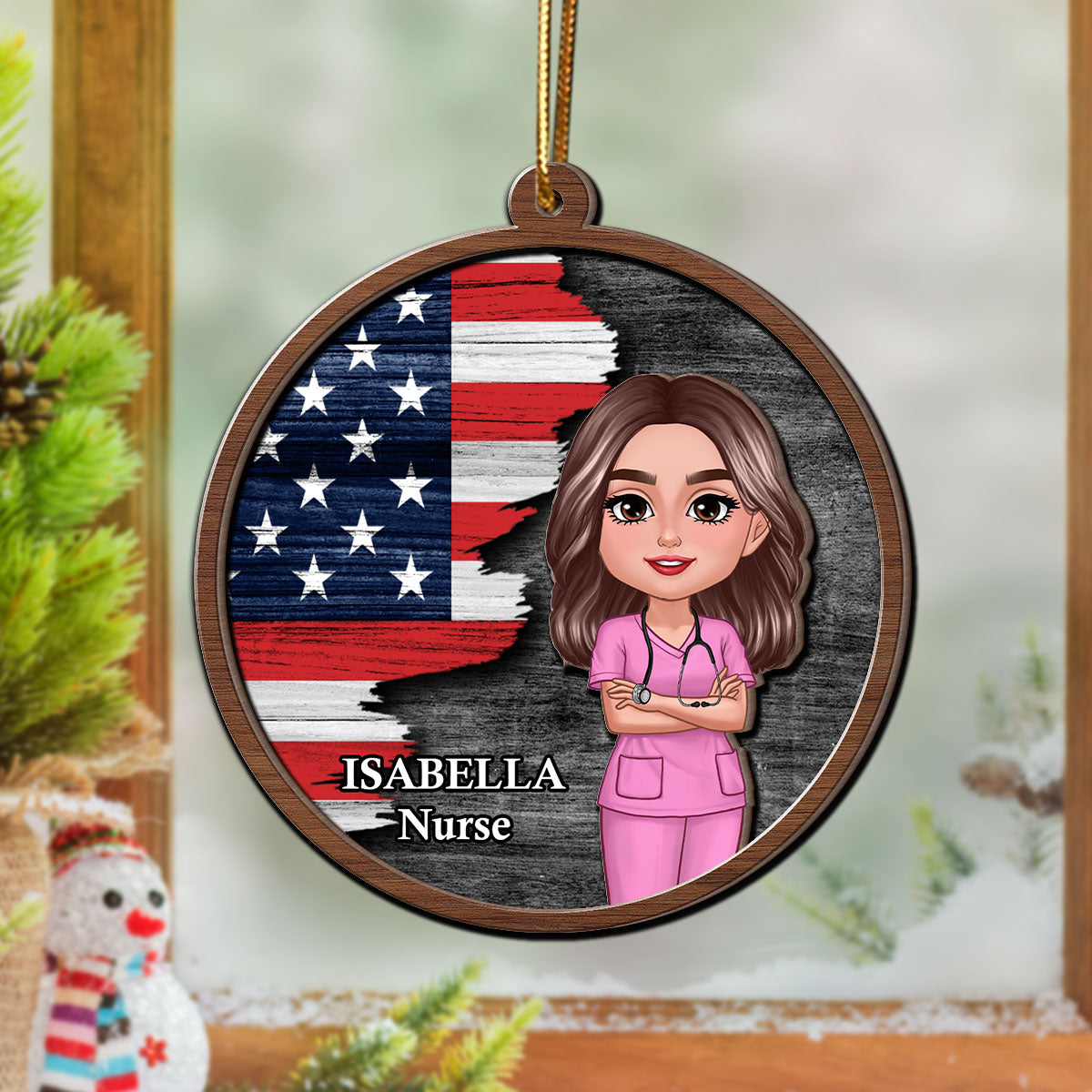 Half Flag Police Firefighter Nurse Personalized 2-Layer Wooden Ornament