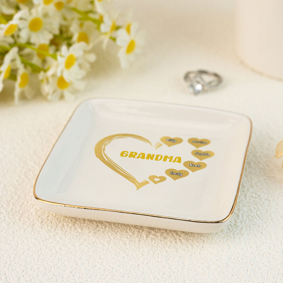 Grandma Mom Hearts Marble Patterned Personalized Jewelry Dish, Birthday Gift for Grandma, Christmas Gift