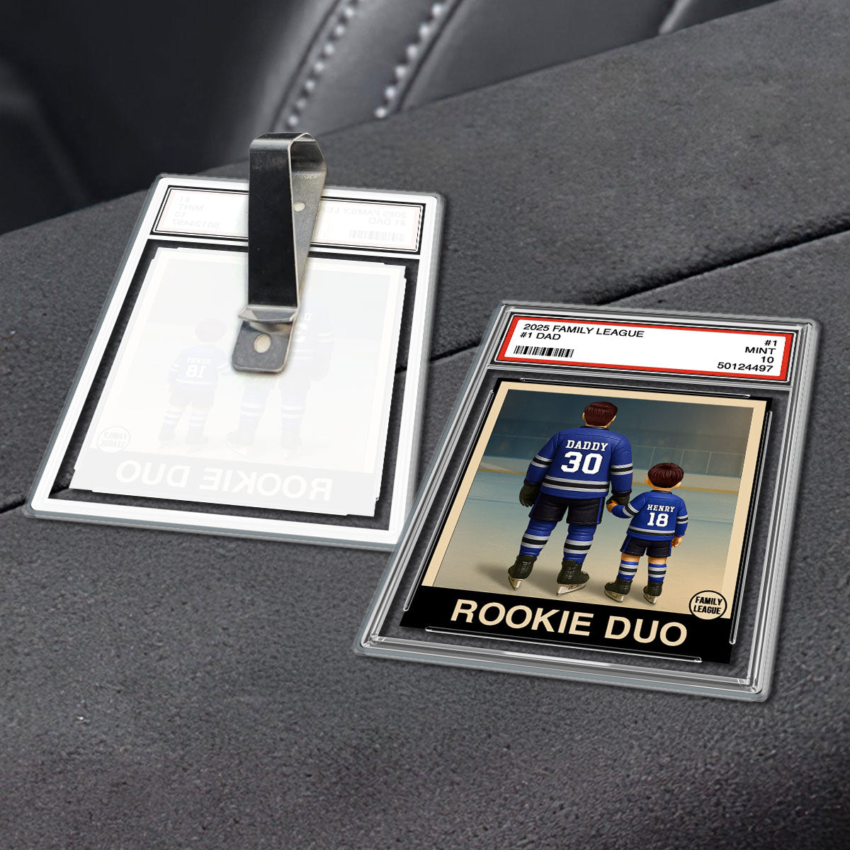 Hockey No. 1 Dad Man & Kids Trading Card Style Personalized Acrylic Car Visor Clip