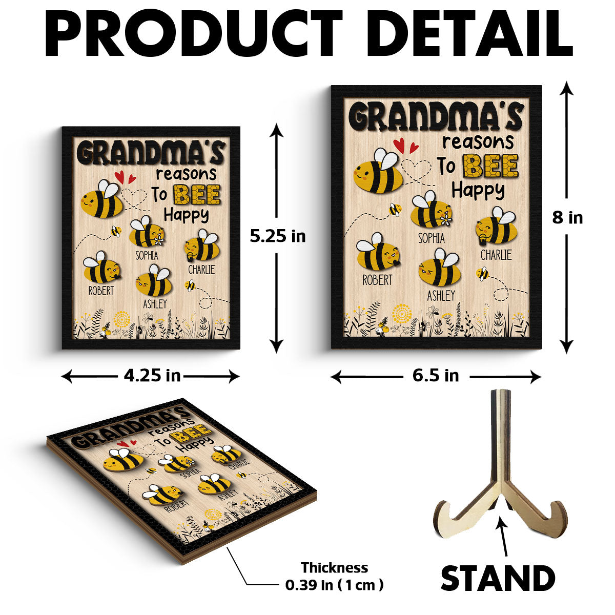 Grandma‘s Reason To Bee Happy Personalized 2-layer Wooden Plaque
