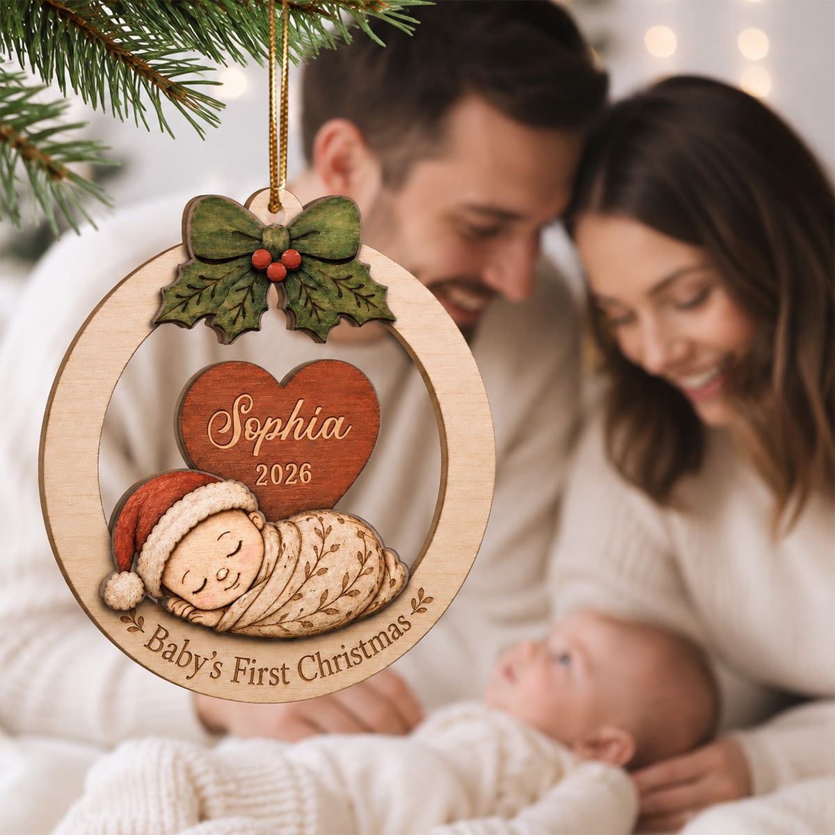 Baby's First Christmas Baby Sleeping - Personalized 2-Layered Wooden Ornament - Baby's 1st Christmas Keepsake