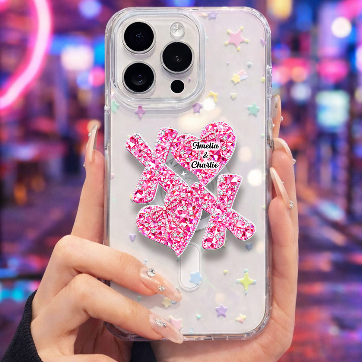 Valentine Heart Rhinestone XOXO - Personalized Acrylic Magnetic Phone Grip - Anniversary, Valentine's Day Gift, Gift For Her