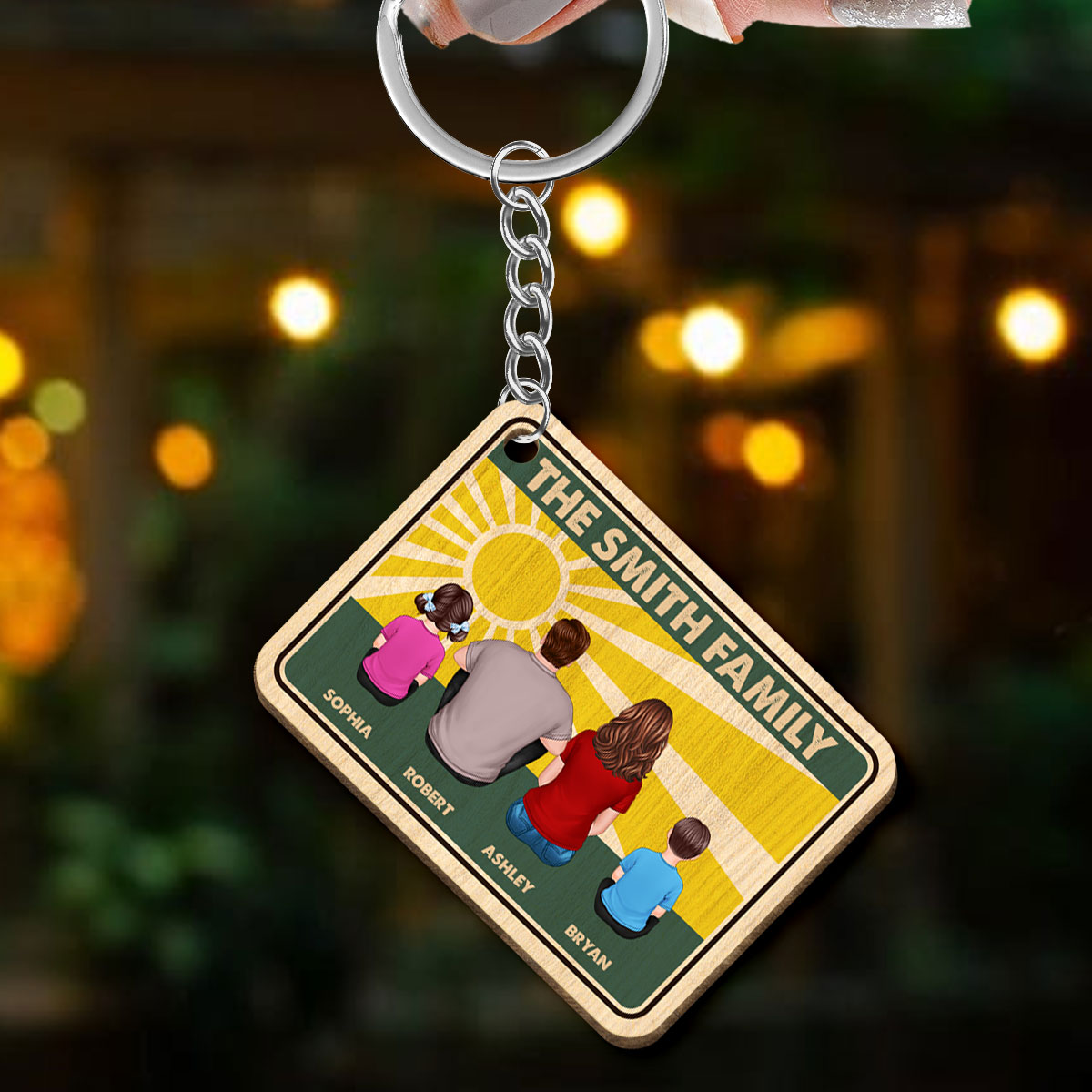 Family Back View Sitting Retro Palette Personalized Wooden Keychain