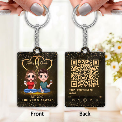 Galaxy Doll Couple Sitting Favorite Song Scannable QR Code Personalized Acrylic Keychain