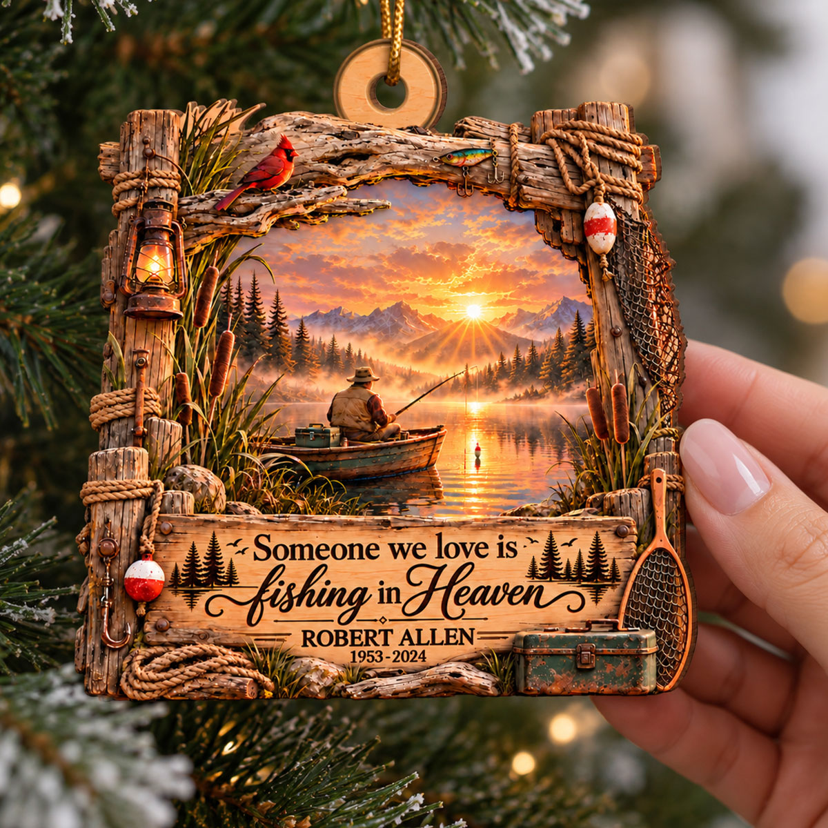 Someone We Love Is Fishing In Heaven 2D Flat - Personalized Wooden Ornament - Memorial Sympathy Gift