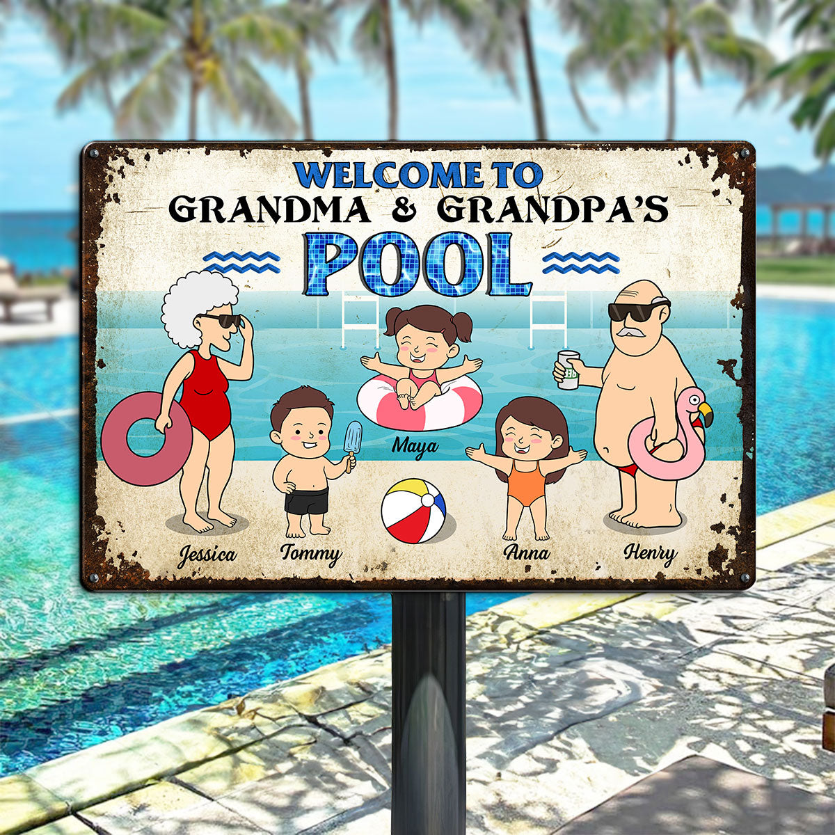 Funny Cartoon Welcome To Grandma Grandpa Pool Personalized Metal Sign