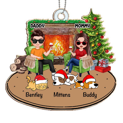 Doll Couple And Dogs Cats Christmas Personalized Wooden Ornament