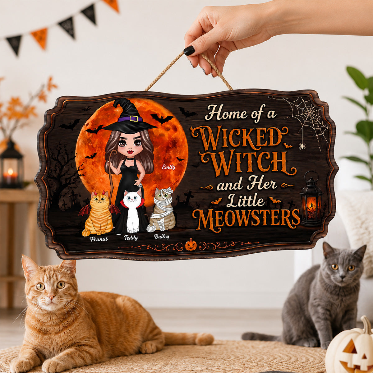 Home Of A Wicked Witch And Little Meownsters - Personalized Door Hanger Sign - Halloween Wigan Pagan Decor For Cat Mom