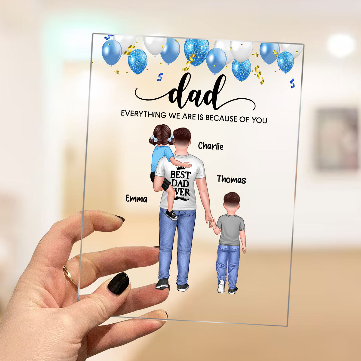 Dad Holding Kids Blue Balloon Personalized Acrylic Plaque