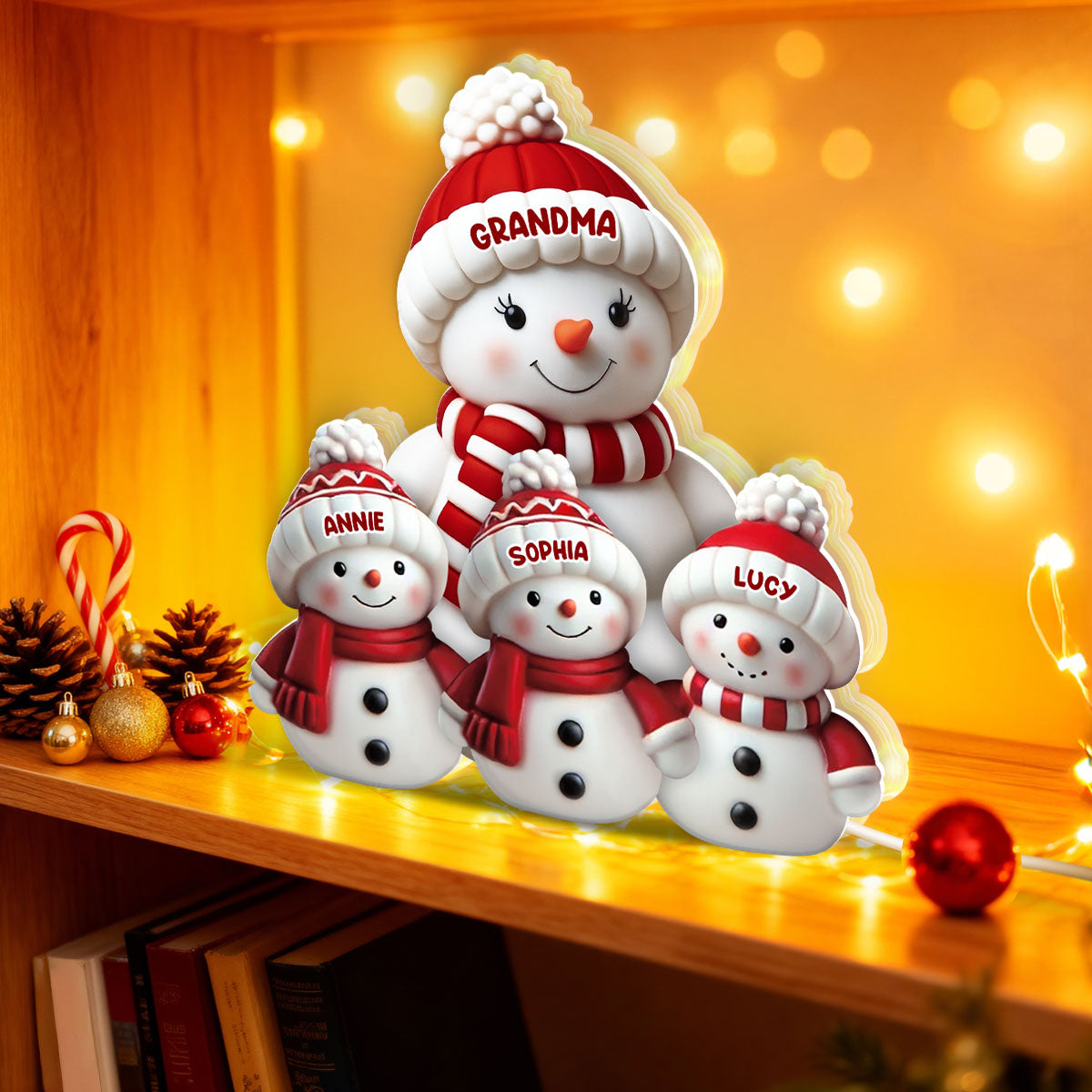 3D Effect Cute Snowman Grandma & Grandkids - Personalized Light Box - Christmas Decor For Family, Grandma