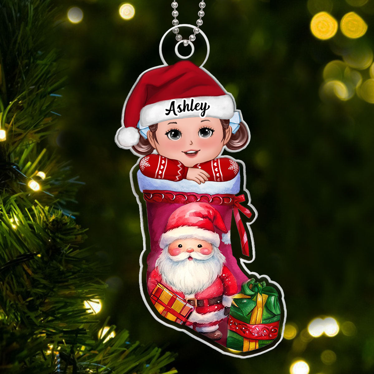 Cute Kid In Christmas Stocking Personalized Acrylic Ornament, Gift For Son, Daughter, Grandson, Granddaughter, Grandchildren