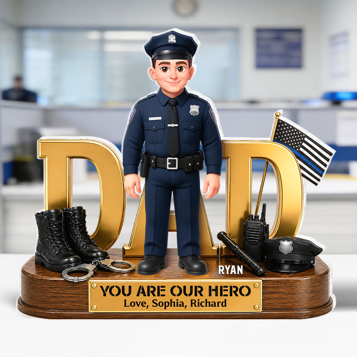 Proud American Police Dad You Are Our Hero Thin Blue Line 2D Flat - Personalized Acrylic Block Plaque - Father's Day Gift For Dad