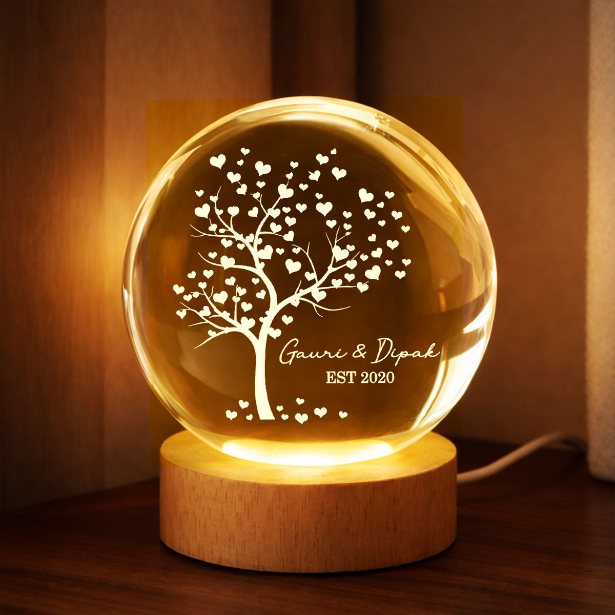 Tree Of Love Couple - Personalized Crystal Ball LED Night Light - Anniversary, Valentine's Day Gift, Gift For Him, Gift For Her