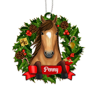 Christmas Wreath Peeking Horse Personalized Wooden Ornament