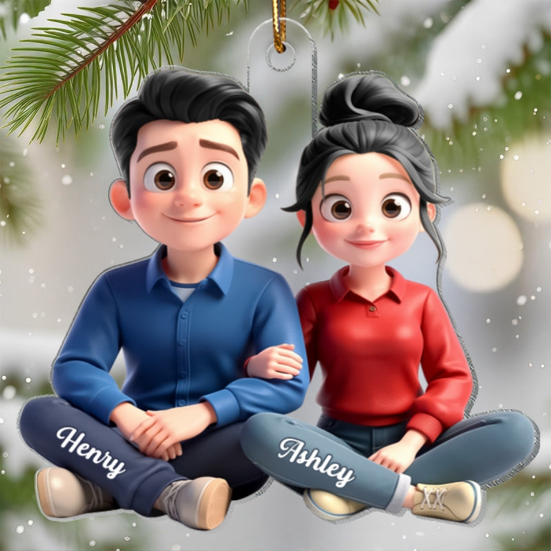 Cartoon Couple Sitting Together - Personalized Acrylic Ornament - Christmas Gift for him, Gift for her
