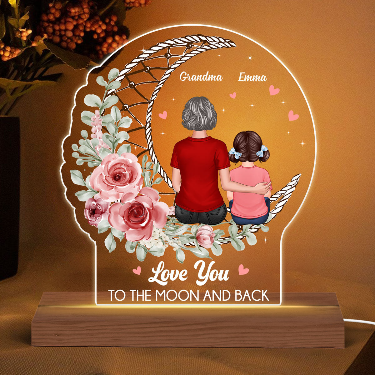 Love To The Moon Mom Grandma Back View On Moon & Flowers Personalized Custom Shaped Acrylic Plaque With LED Night Light