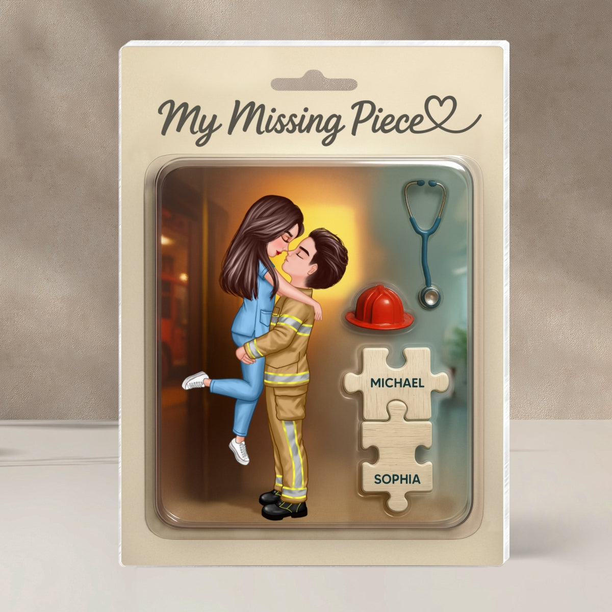 My Missing Piece Firefighter Nurse Doll Couple Personalized Acrylic Block Plaque, Gift for Him, Gift for Her