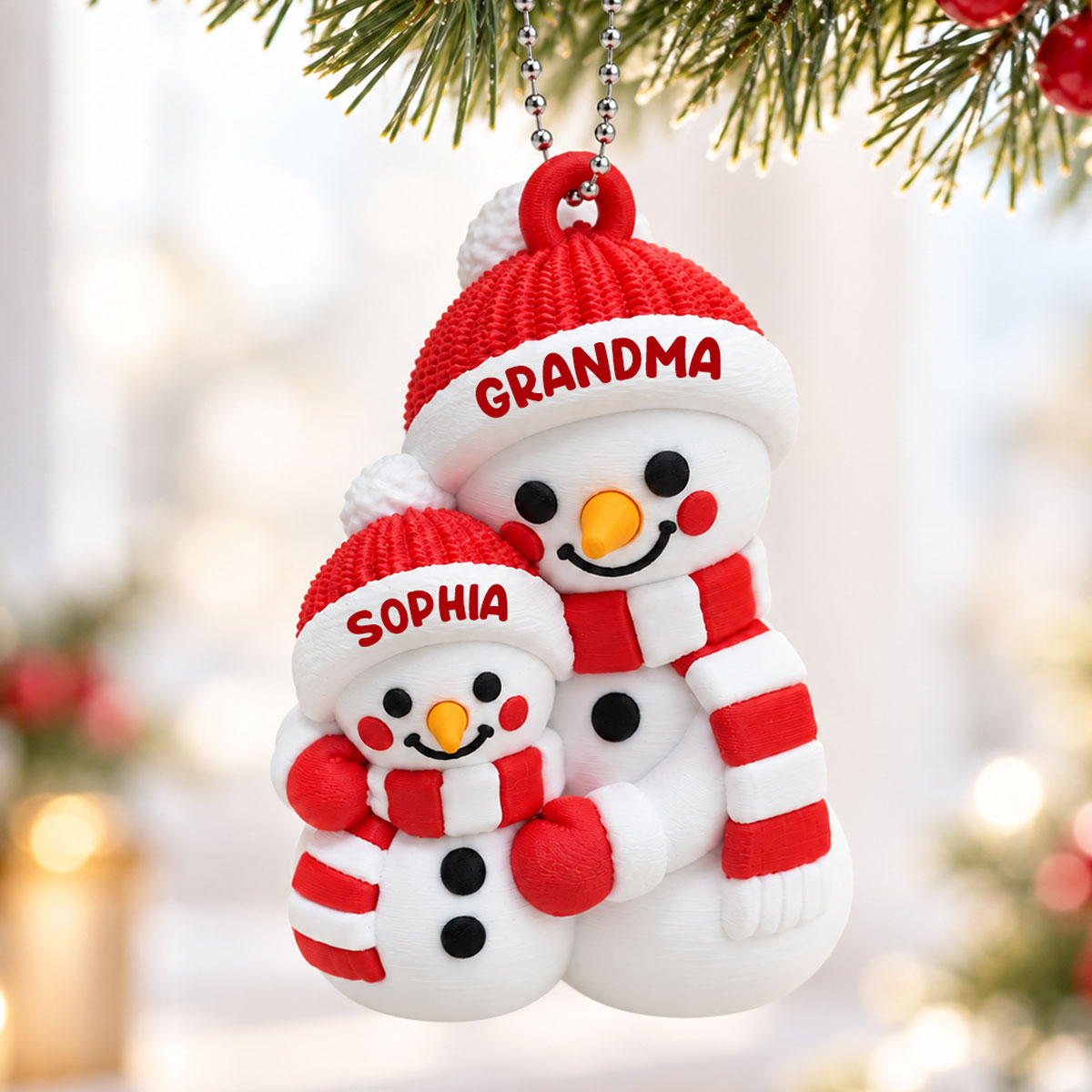 Heartwarming Grandma Hugging Grandkid Snowman - Personalized 3D Printed Ornament - Christmas Gift For Kids, Son, Grandson, Daughter, Granddaughter