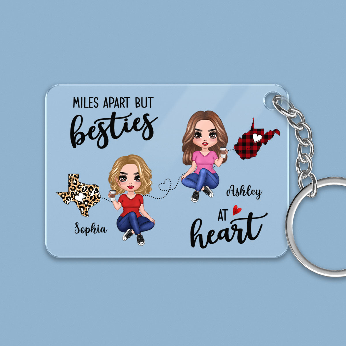 Doll Besties Sitting Miles Apart Besties At Heart Long Distance Personalized Acrylic Keychain - Gift For Best Friend