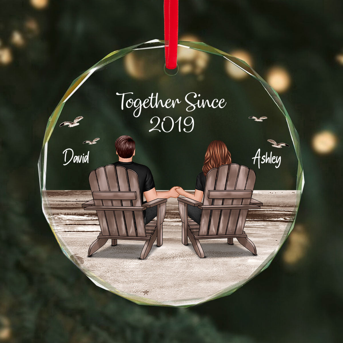 Couple Sitting Eternal Sunset Beach Personalized Circle Glass Ornament, Heartfelt Christmas Gift For Girlfriend, For Wife