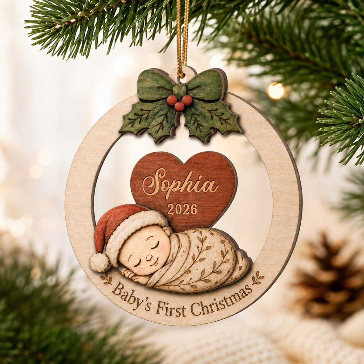 Baby's First Christmas Baby Sleeping - Personalized 2-Layered Wooden Ornament - Baby's 1st Christmas Keepsake