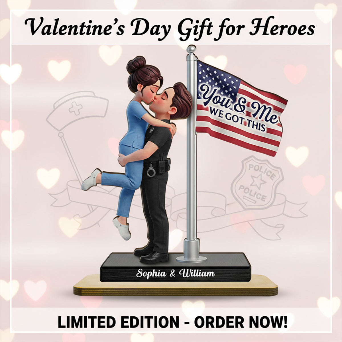 Proud Hero Couple Nation Flag - Personalized 2-Layered Wooden Plaque - Heartfelt Gift For Couple, For Him, For Her, Nurse, Police, Firefighter, Army