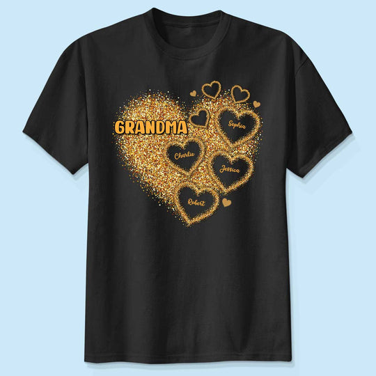 Grandma Mom Gold Glitter Heart Personalized Shirt, Gift For Grandma