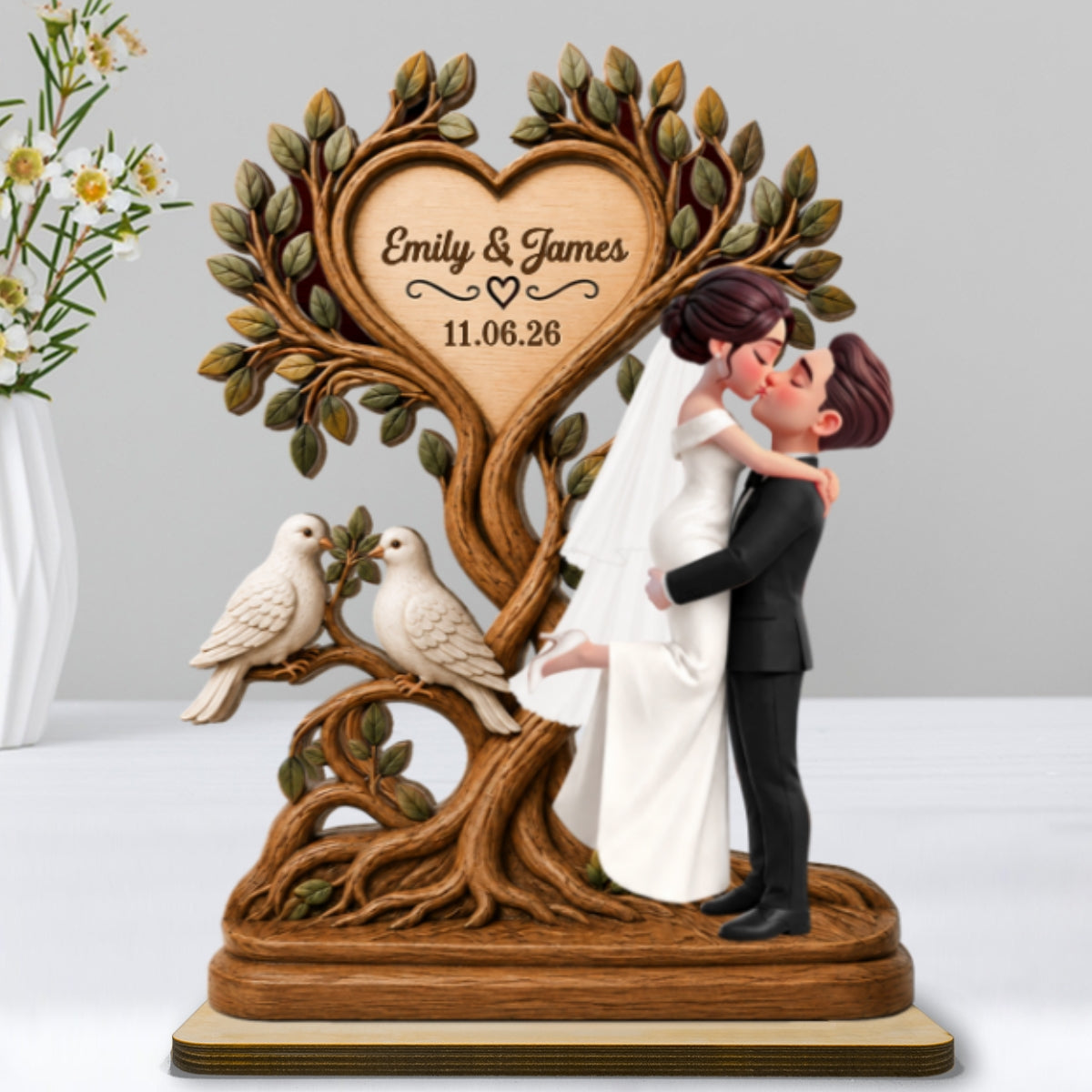 Wedding Couple Tree Of Life With Doves - Personalized 2-Layered Wooden Plaque - Wedding Keepsake, Anniversary Gift For Couples